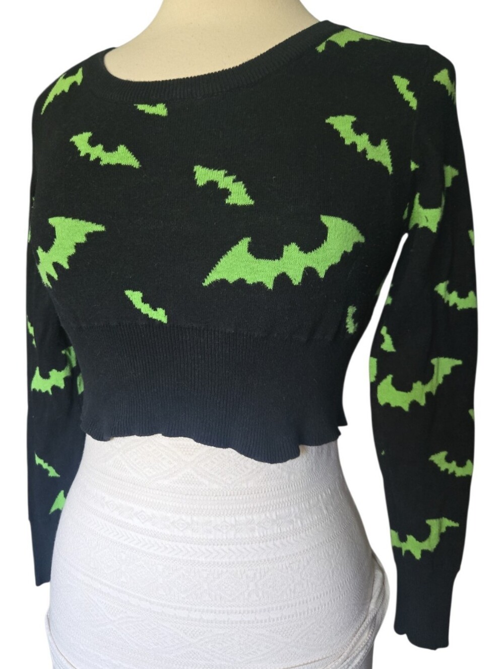 Jawbreaker Gothic Neon Green Bat Knit Crewneck Cropped Sweater - L